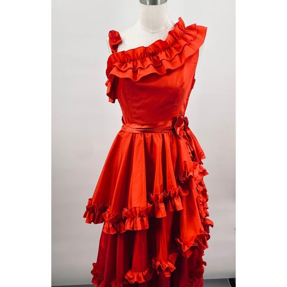 Vintage 70s Ruffled Gown Southern Belle Asymmetrical Neck Bow Waist Red 4 - Picture 2 of 11